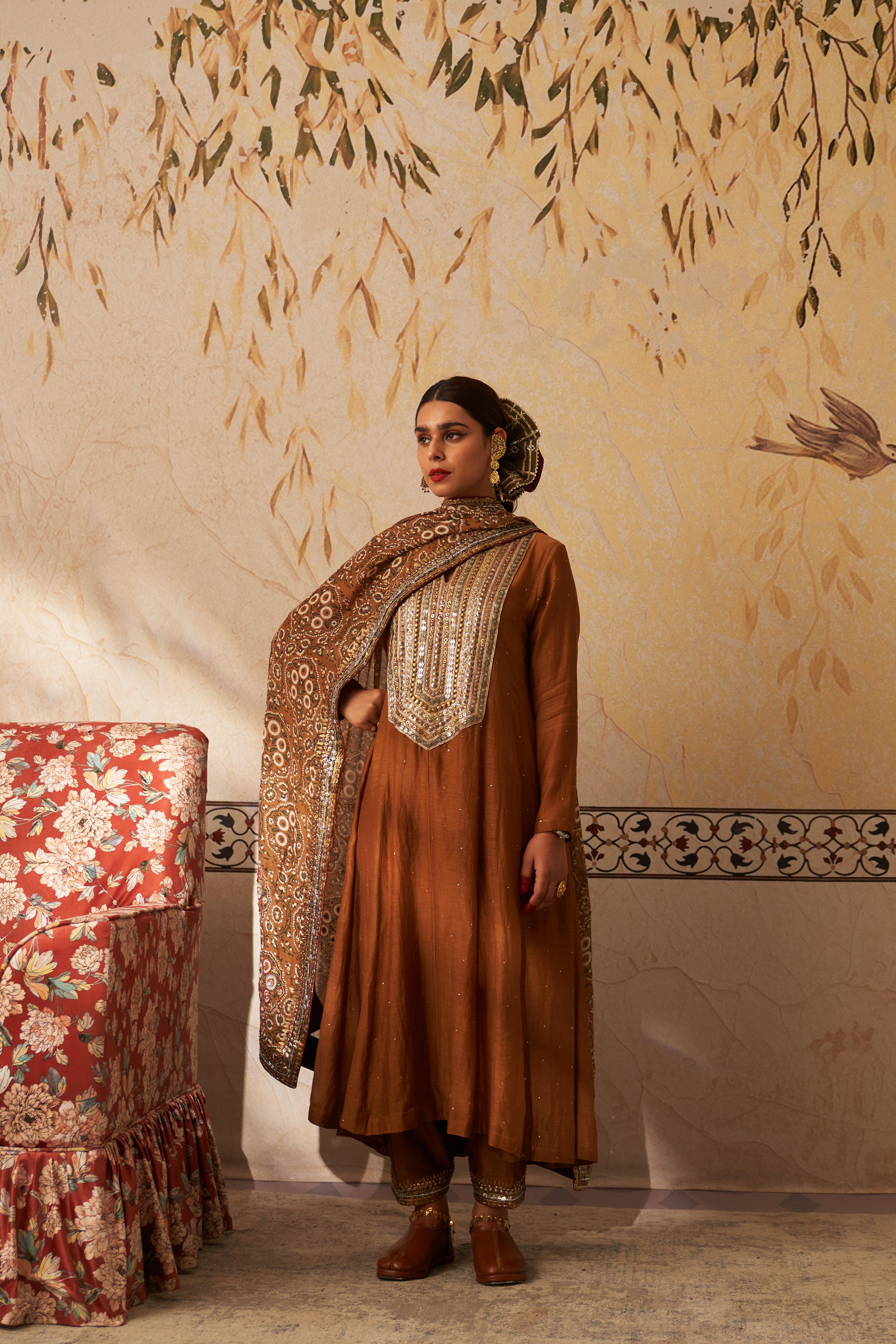 Mustard Mukaish Heavy Yoke Kalidaar Set With Ajrakh Dupatta