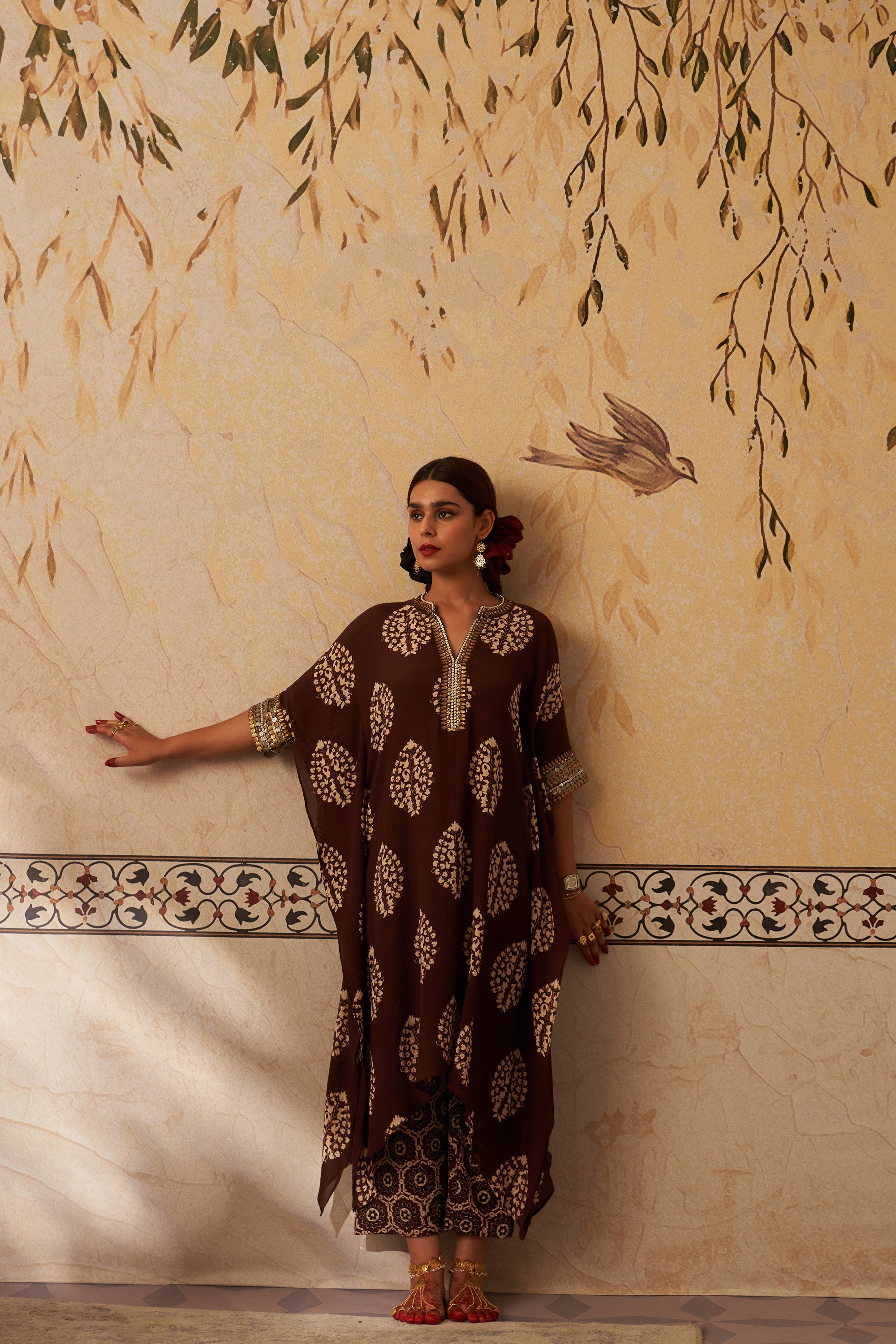 Brown Ajrakh Crinkle Kaftan Set